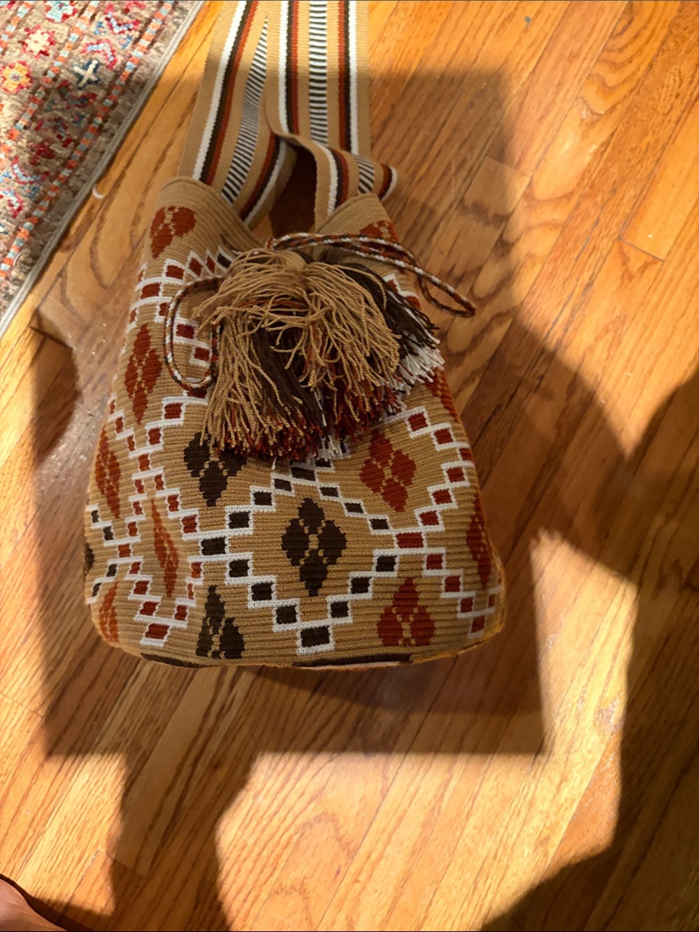 Woven Crossbody Bucket Bag with Tassel - Tan & Brown